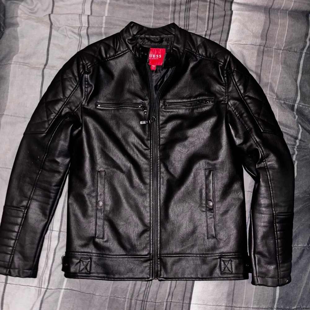 GUESS Black Faux Leather Bomber Jacket